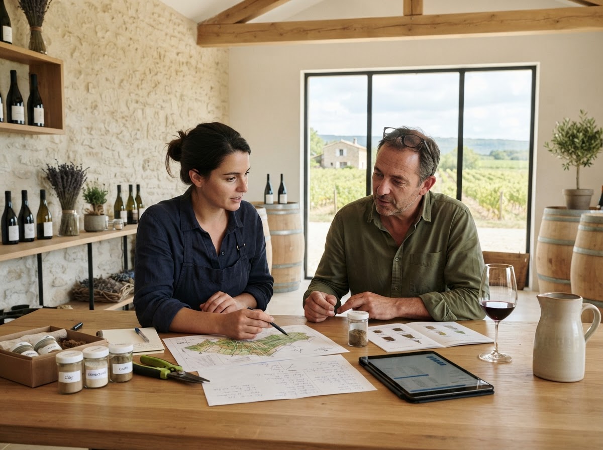 Clos Tresoriane - équipe au travail sur l'analyse de données financières, environnement de bureau en pierre naturelle